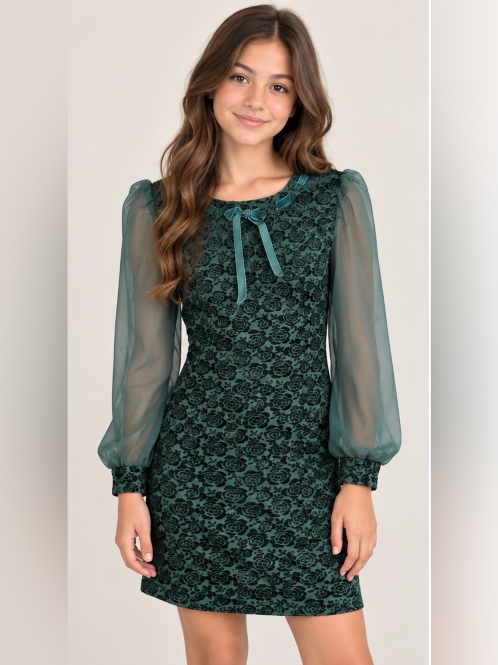 Emerald Green Velvet Floral Sheer Sleeve Holiday Dress - Youth Medium